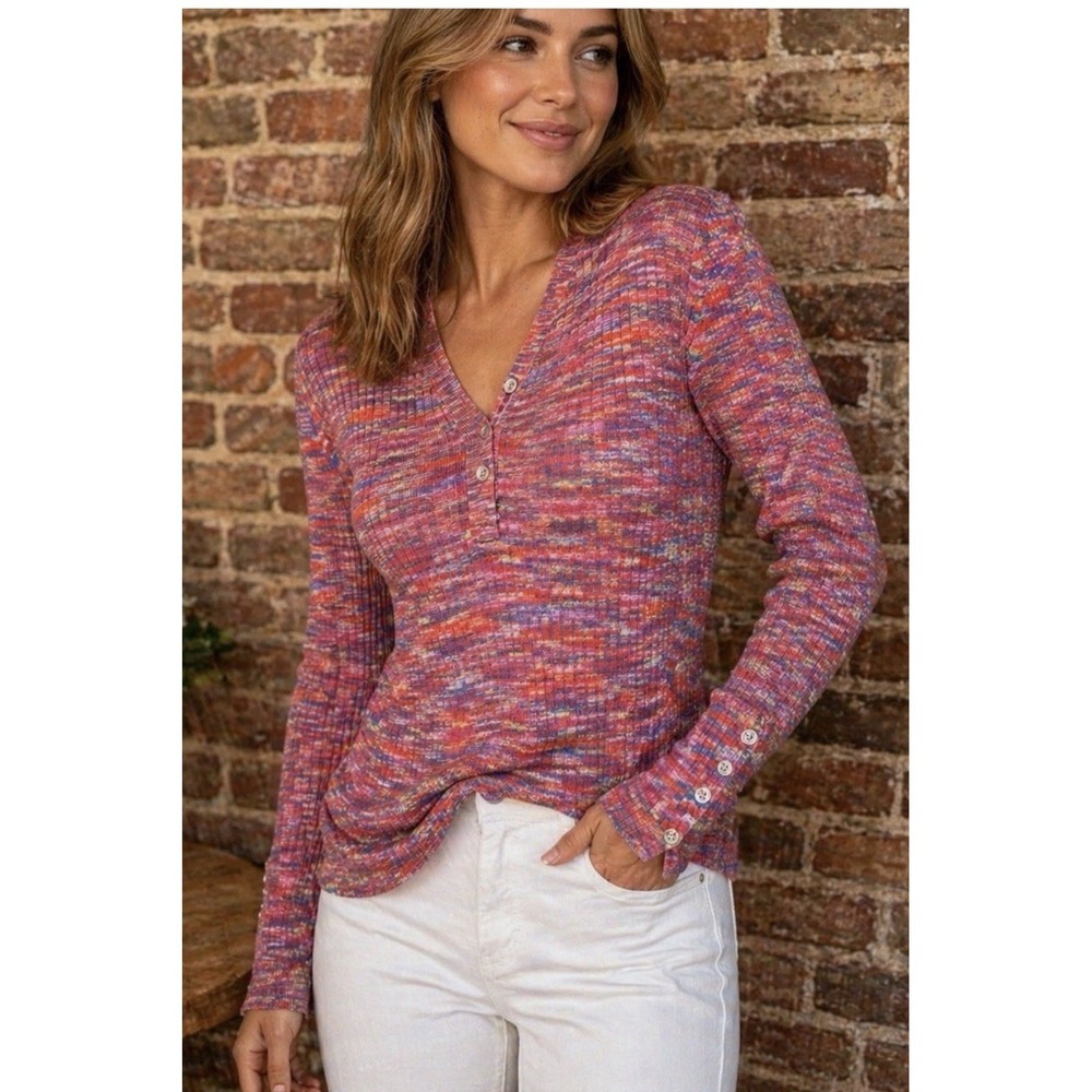 Sundance Women's Henley Sweater Button Sleeves Multicolor Knit Size XL Boho